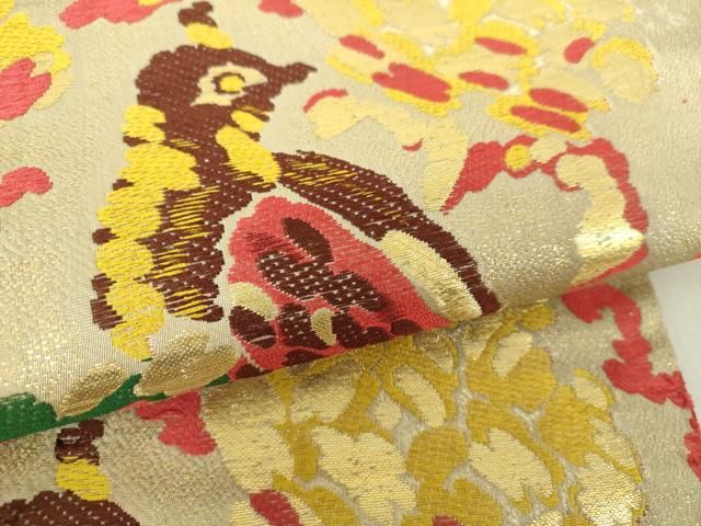 平和屋着物○アンティーク 大正ロマン 九寸名古屋帯 唐織 花鳥文 金糸  