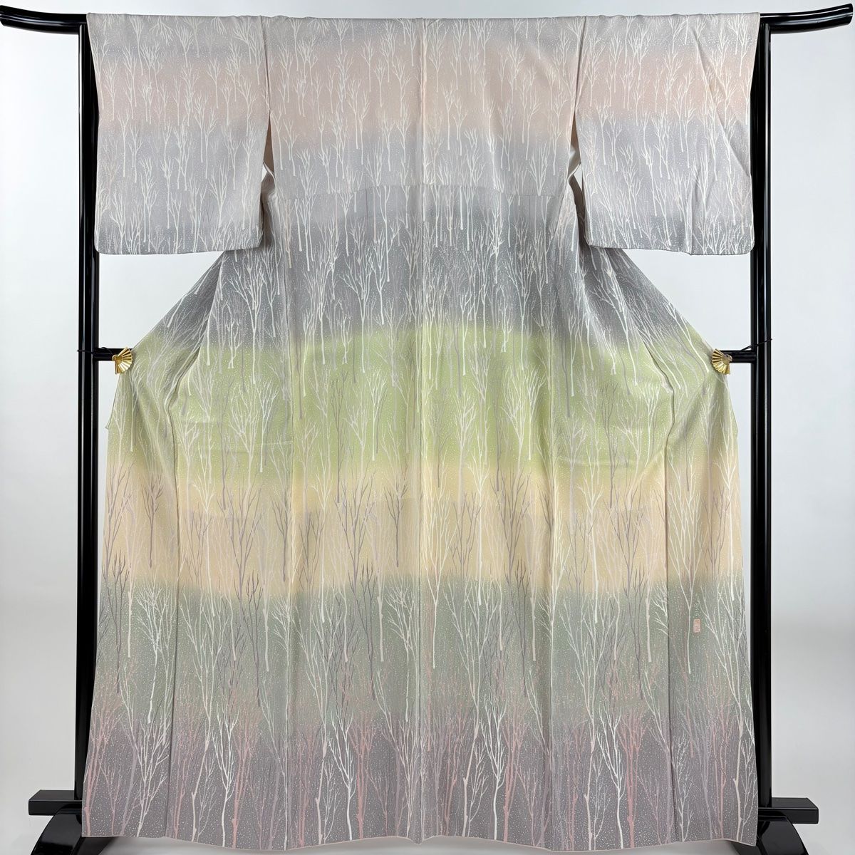 訪問着 身丈163.5cm 裄丈65.5cm M 袷 落款 樹木 染め分け 灰紫 正絹 名品