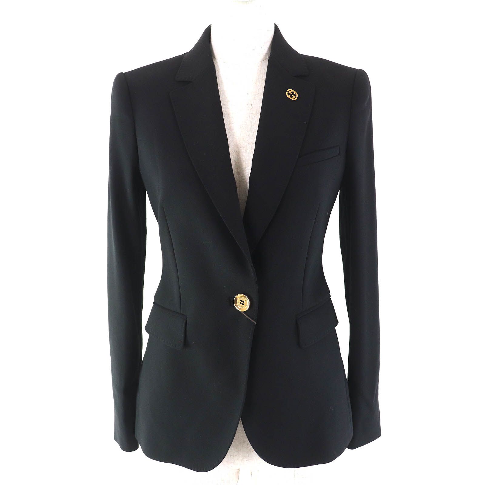 △GUCCI グッチ 314574 ウール インターロッキングG金具 ロゴボタン シングル テーラードジャケット ブレザー ブラック 36 イタリア製 レディース