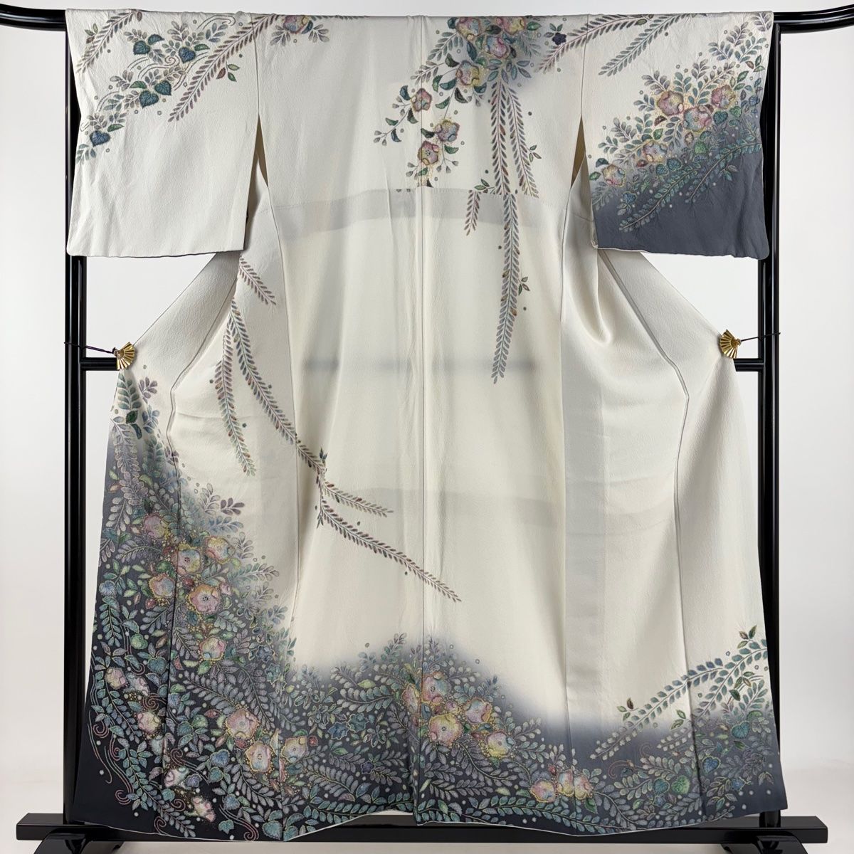 訪問着 身丈157cm 裄丈67cm M 袷 草花 金彩 ぼかし 灰白 正絹 名品