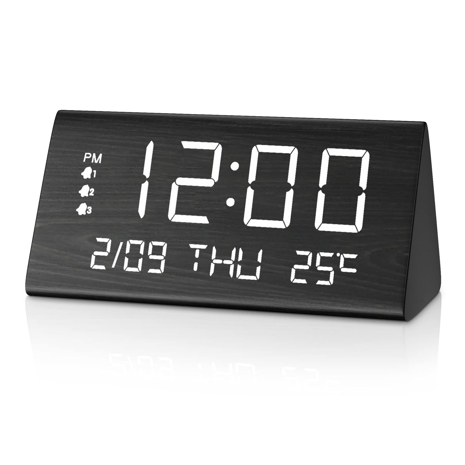 JALL デジタル目覚まし時計 木製電子LED時刻表示 3つのアラーム設定 平日/週末モード 温度検出 木製電気時計 オフィス 寝室 ベッドサイド用 (ブラック) [ブラック]