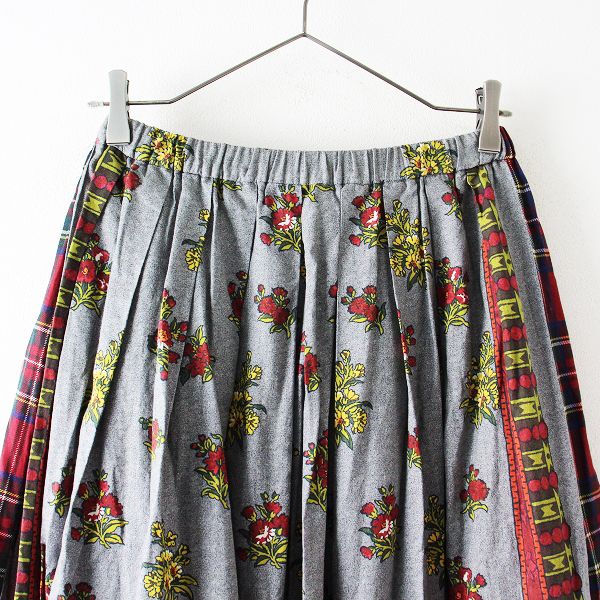 美品 2021AW Jane Marple ジェーンマープル Flowers of Jouy scarf Tartan check tuck skirt M/グレー レッド フレア【2400012863699】