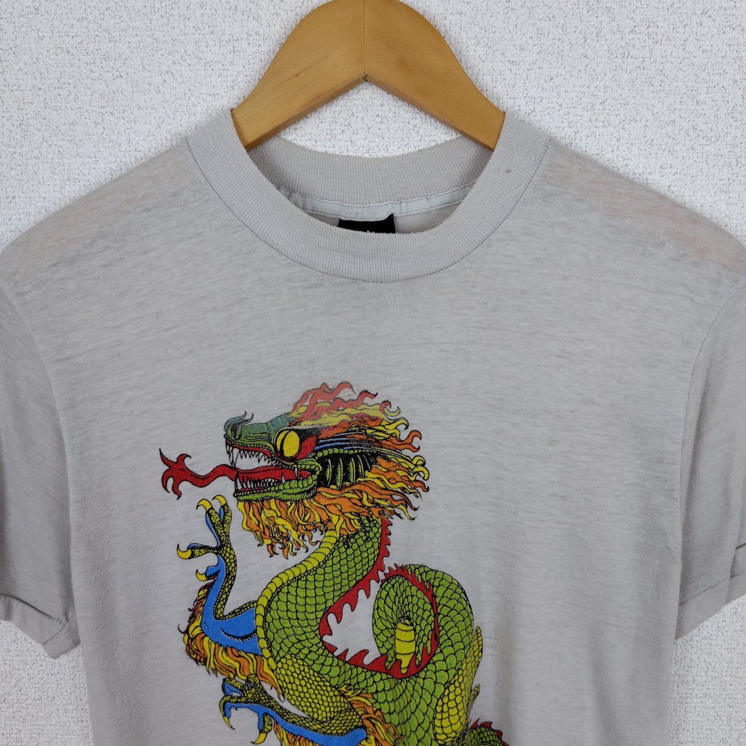 80s スーベニアTシャツ ドラゴン アートプリント ライトグレー メンズ  