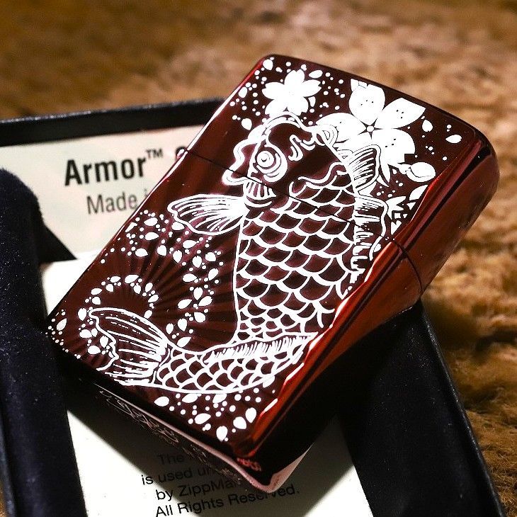  Armor ZIPPO 重厚アーマー 旭日 鯉 レッド 赤 鏡面コーティング 深彫り アーマージッポ 和風 かっこいい ジッポー プレゼント キラキラ ライター本体 喫煙具 ライター
