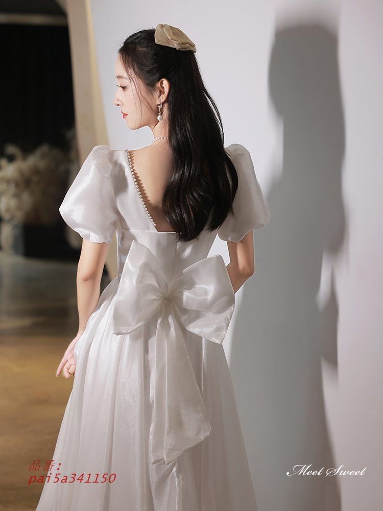 ウェディングドレス ミニドレス パフスリーブ オーガンジー パーティードレス カクテルドレス 二次会 ウエディングドレス ブライダル 前撮り 結婚式 花嫁 pai5a341150