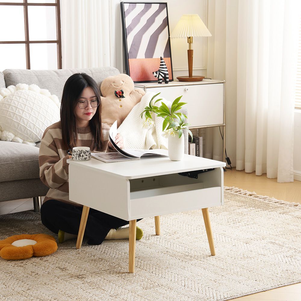ホワイト昇降式センターテーブル｜幅 60CM｜収納付き｜北欧風｜リビングテーブル｜モダンデザイン｜コンパクトサイズ｜組立簡単｜耐久性抜群｜N507P268116A