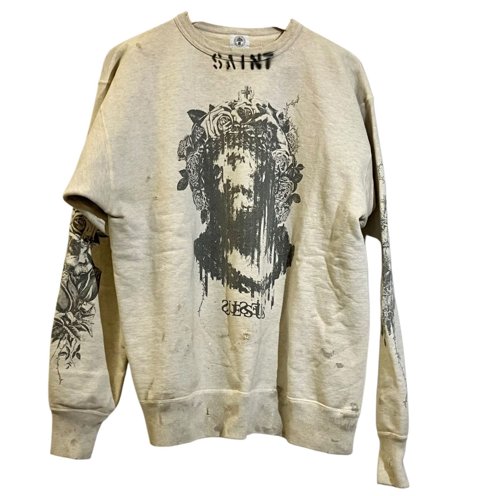 SAINT MICHAEL セントマイケル Kosuke Kawamura 22SS ダメージ加工 クルーネック スウェット メンズ ホワイト系 Lサイズ