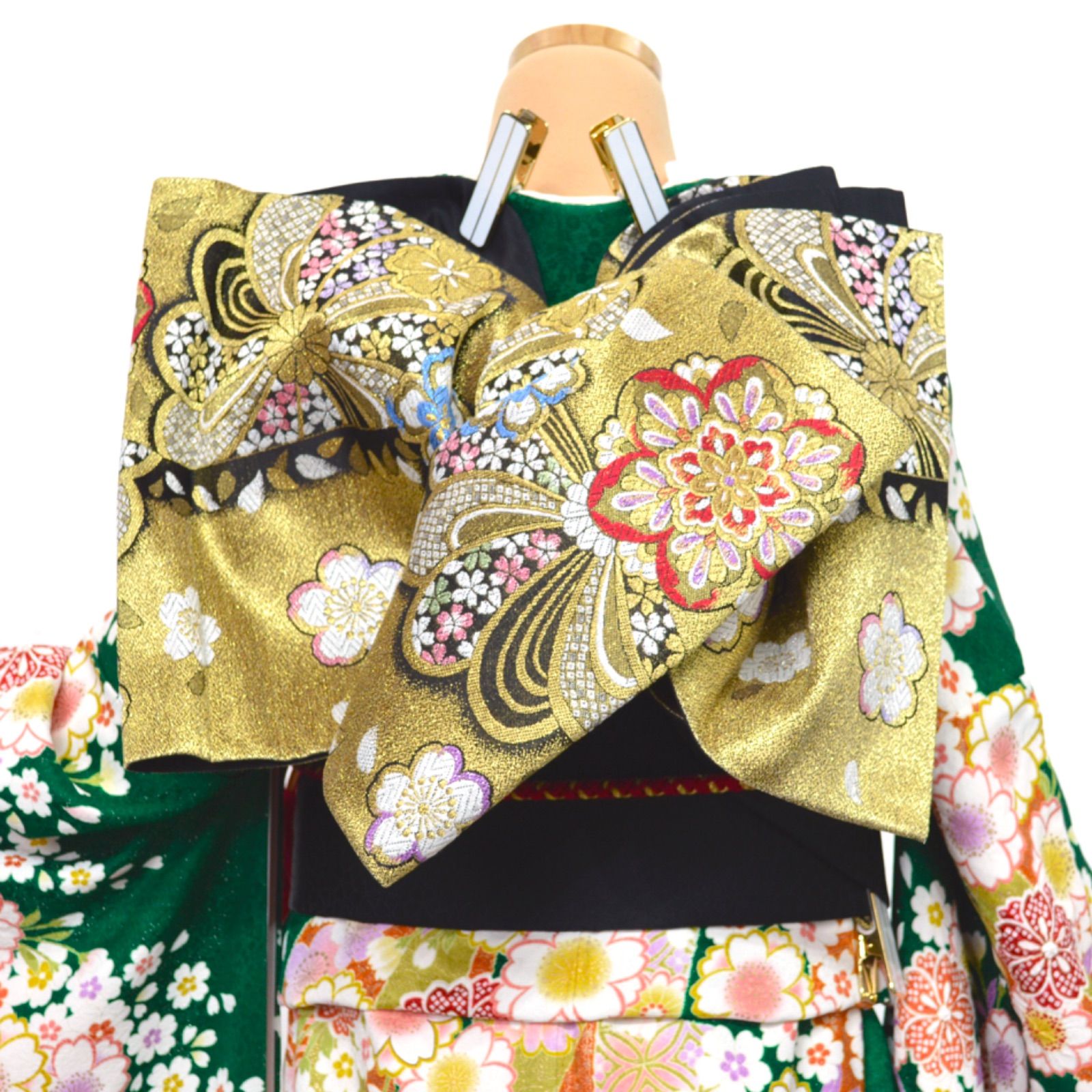 美品》正絹 振袖フルセット M〜Lサイズ 成人式 緑地 パールトーン加工