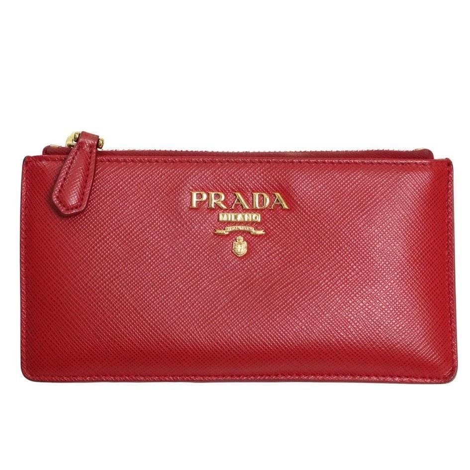 近年モデル PRADA プラダ フラグメントケース カードケース サフィアーノレザー 本革 赤系 ロゴプレート 金具 き レディース