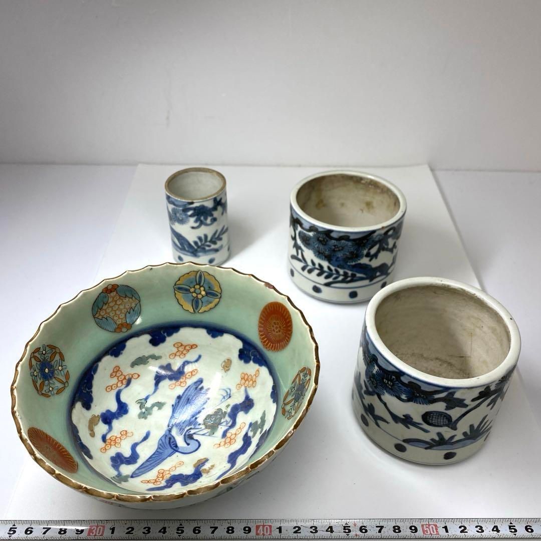 古伊万里 鉢 火入 筆筒 4点 直径17.4|9.8|5.5㎝東な7-0111