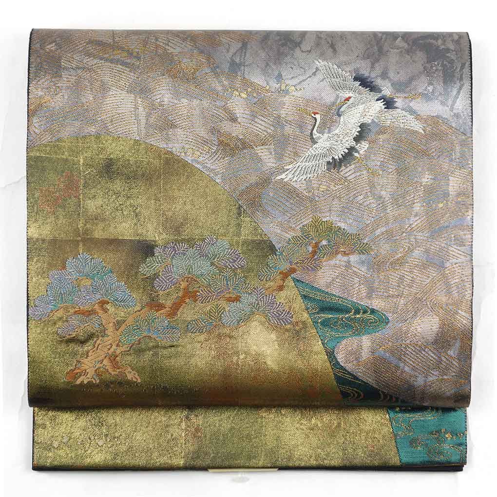 袋帯 幅31cm 長さ436cm レディース 鶴 秋冬春用 正絹 シルク シルバー ♥品 リメイク リユース リサイクル 呉服のきくや