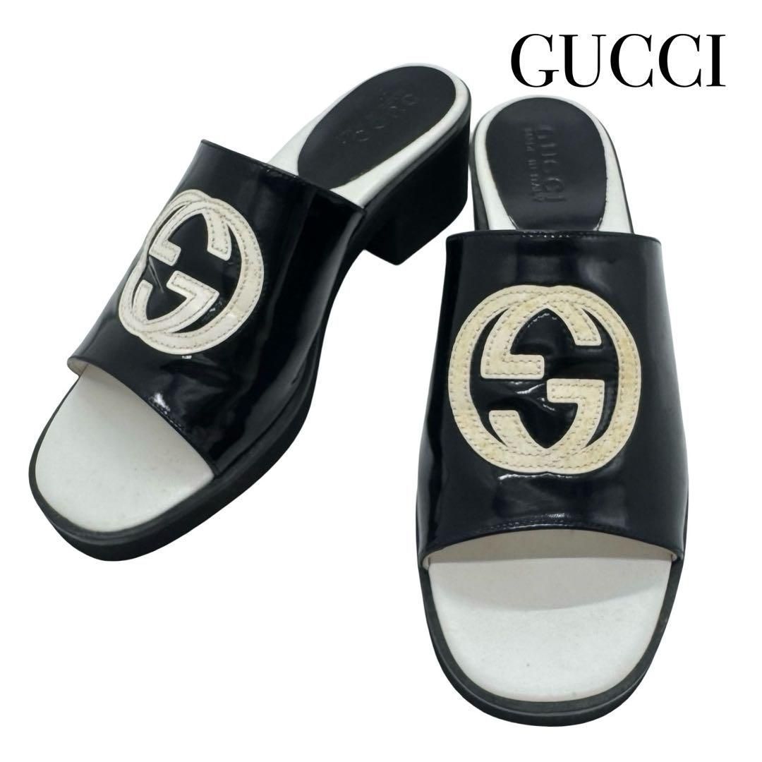 GUCCI グッチ GG インターロッキングG パテントレザー ローヒール サンダル 23.5cm レディース