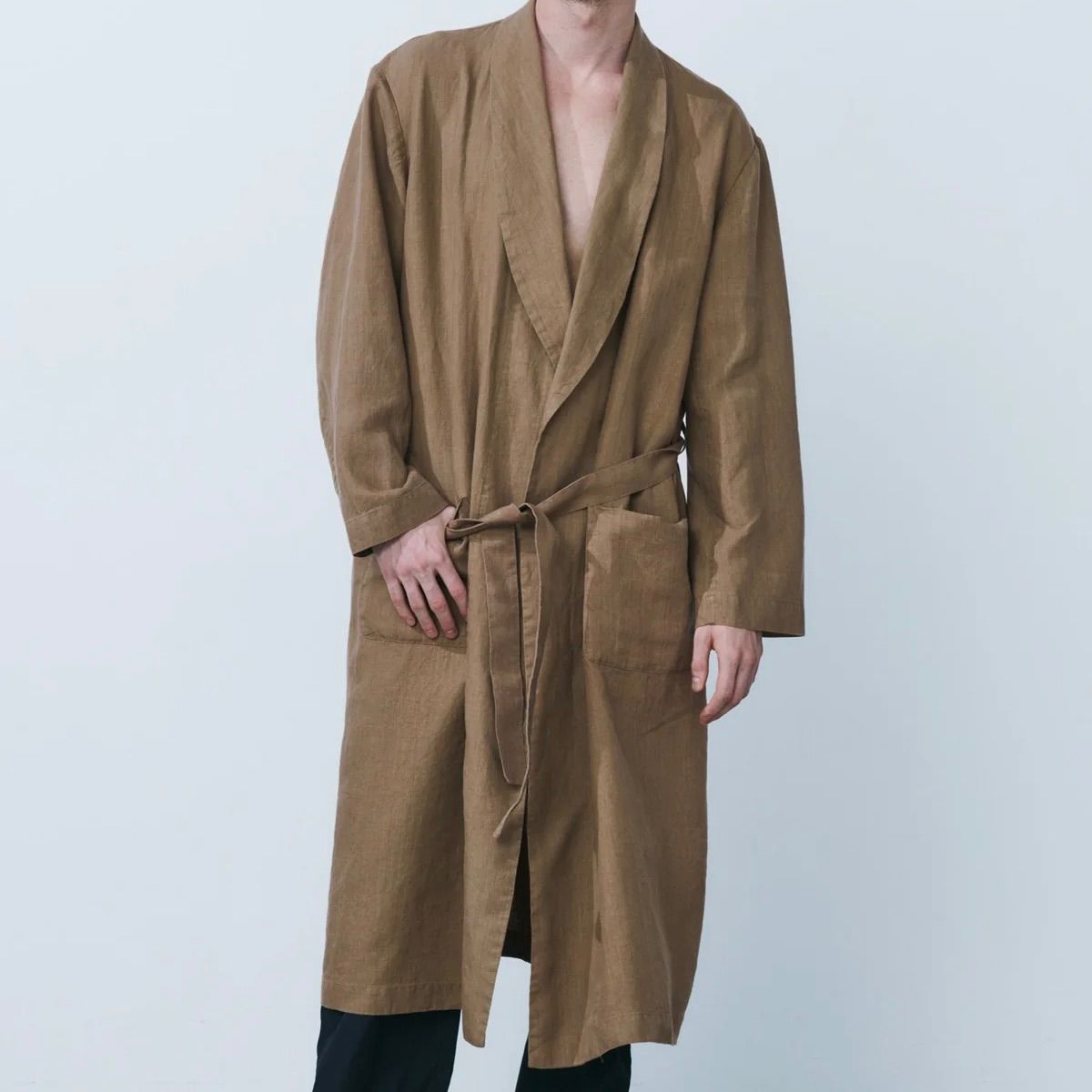 ECHAPPER エシャペ CMEBBW0001 Raw smooth linen robe ショールカラー ベルト付 リネンローブ 麻 リネン バスローブ ガウン ブラウン 茶 サイズXS メンズ 夏 No.651Y