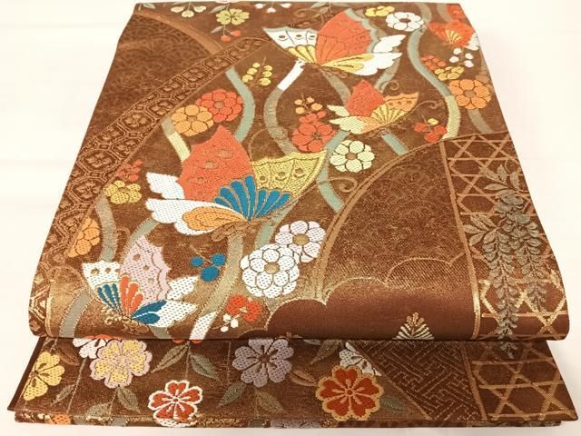 平和屋着物◎六通柄袋帯 唐織 花蝶文 金銀糸 正絹 逸品