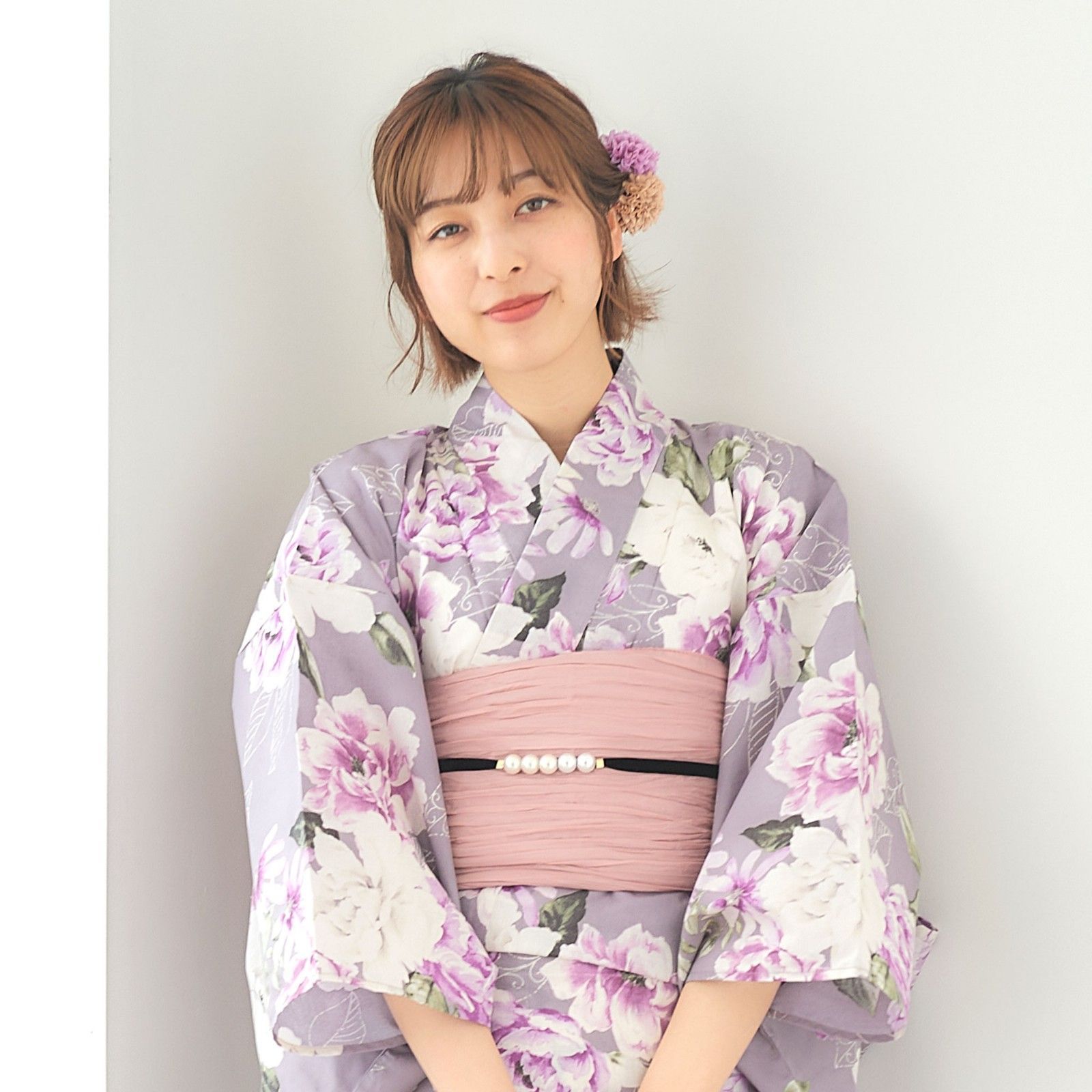 薄紫 花柄 浴衣・帯セット Riuコラボ　Rちゃん　sugar 即日発送】【Riuコラボ】パープル地に咲く百合浴衣【浴衣3点