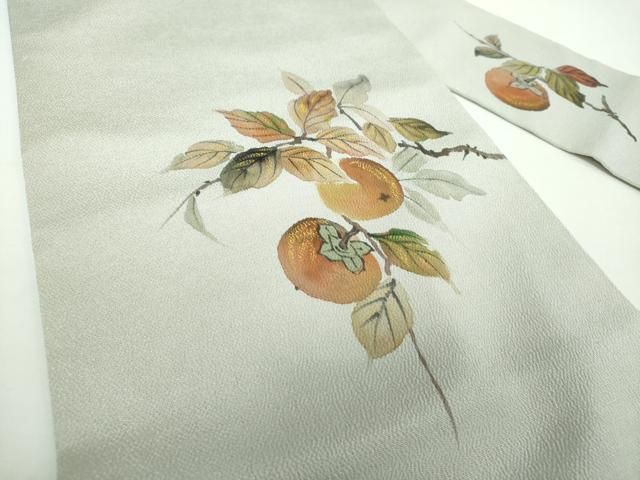 平和屋着物○九寸名古屋帯 手描き 成り物 柿 鬼しぼ縮緬 金彩 正絹