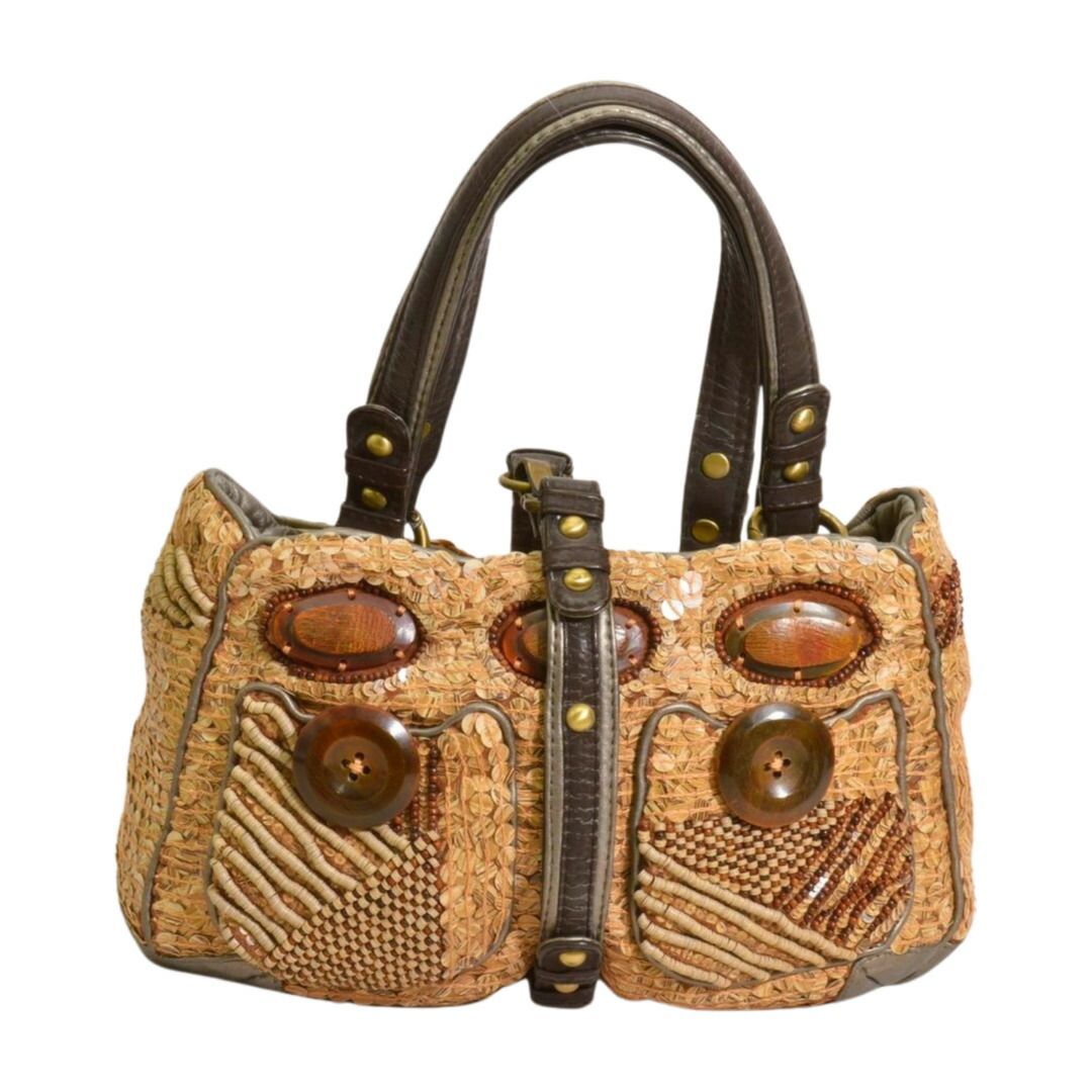 ジャマンピュエッシュ JAMIN PUECH ハンド トートバッグ ビーズ ウッド 刺繍 アート ブラウン レディース F-B6858