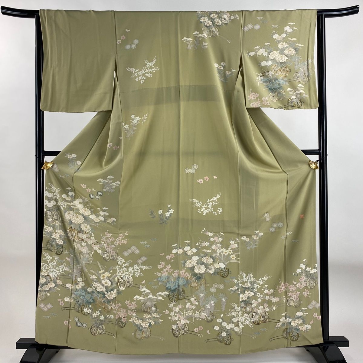 訪問着 身丈162.5cm 裄丈64cm M 袷 落款 花車 菊 金彩 灰緑 正絹 秀品