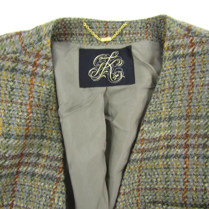 伊太利屋 ノーカラージャケット アウター チェック柄 シルク混