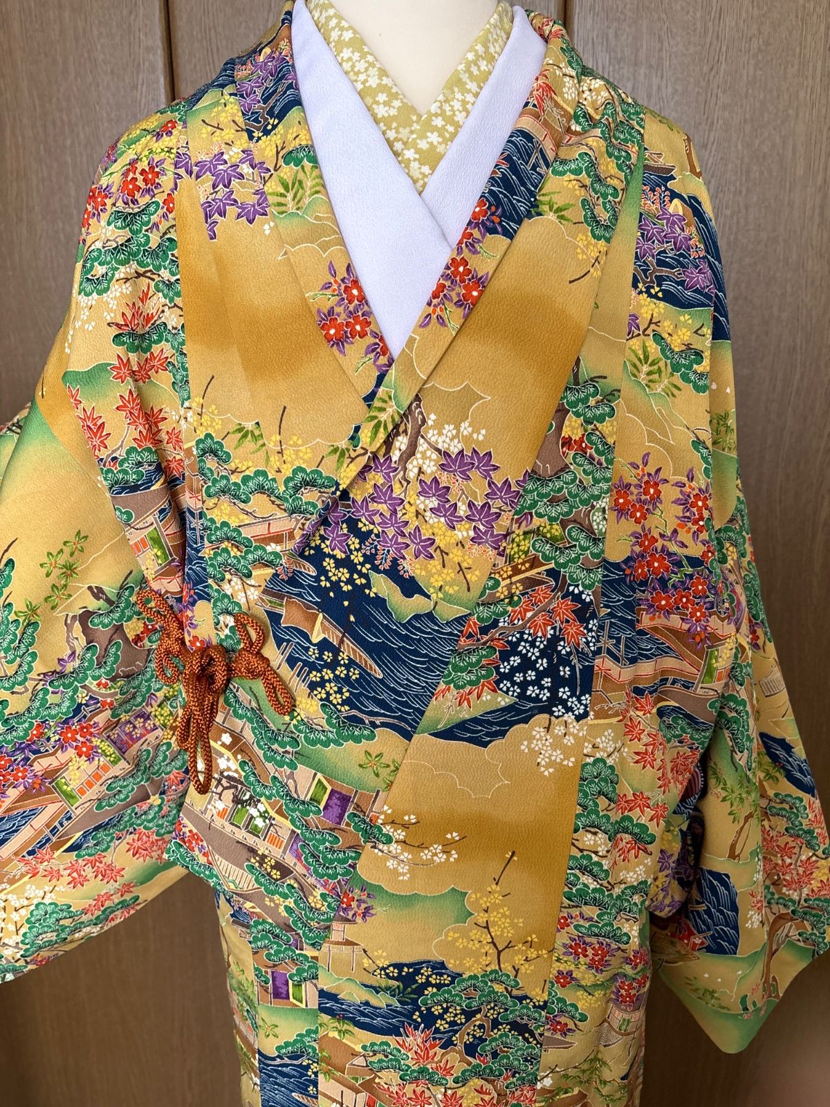 ちりめん 袷道中着 からし系 裄66.5