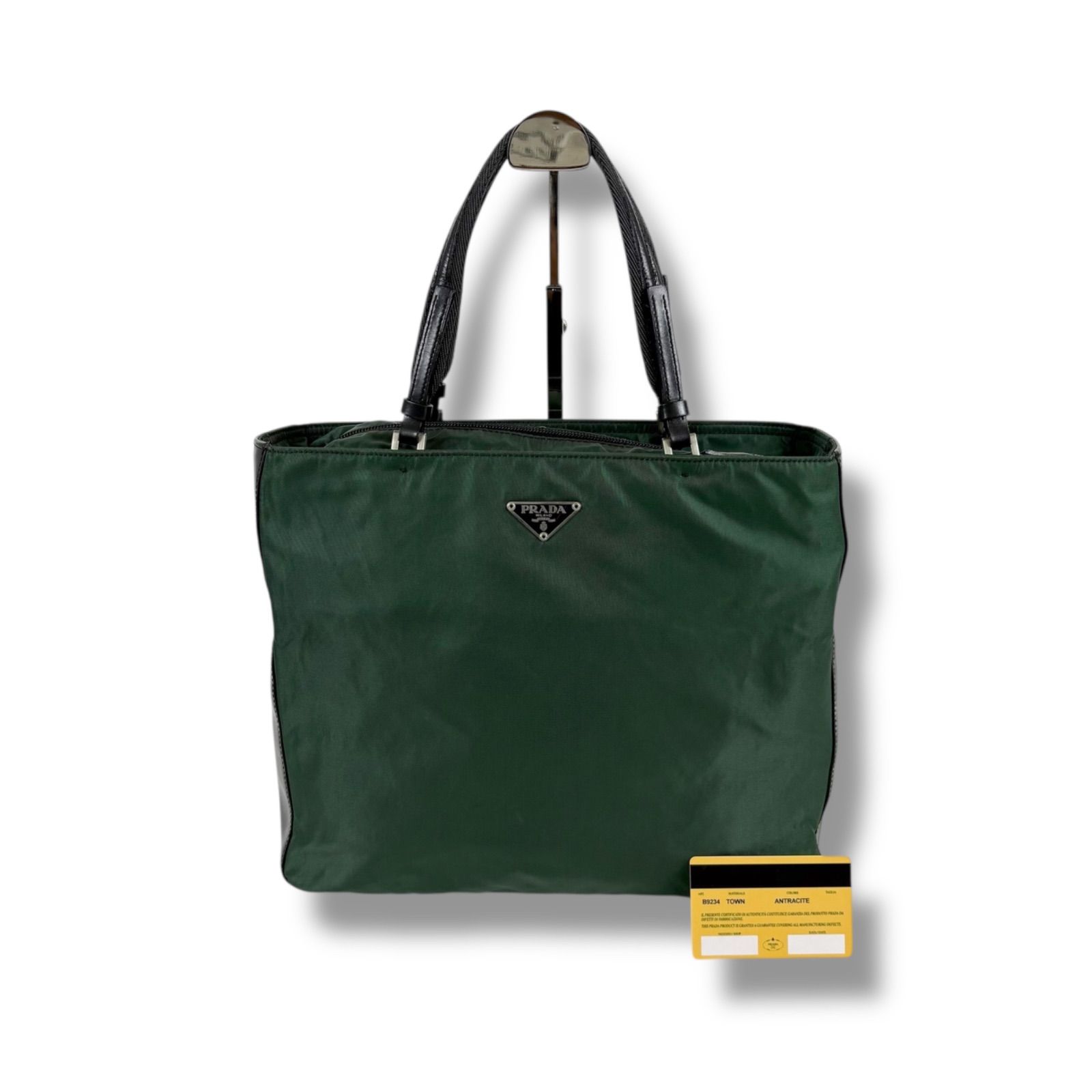 Prada Triangle Logo Mini Tote Bag Khaki Green Leather Nylon
