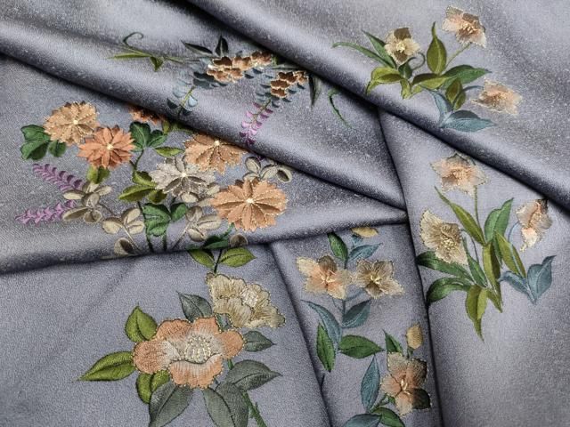 平和屋着物▽訪問着 単衣 総刺繍 草花文 金糸 正絹 逸品