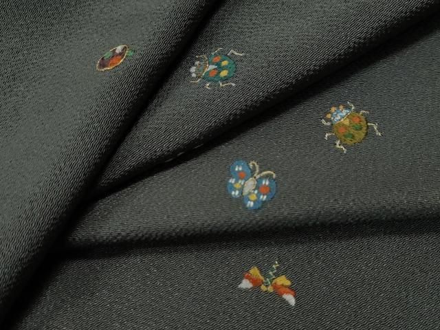 平和屋着物○上質な小紋 総刺繍 虫 蝶 金糸 鬼しぼ縮緬 正絹 逸品