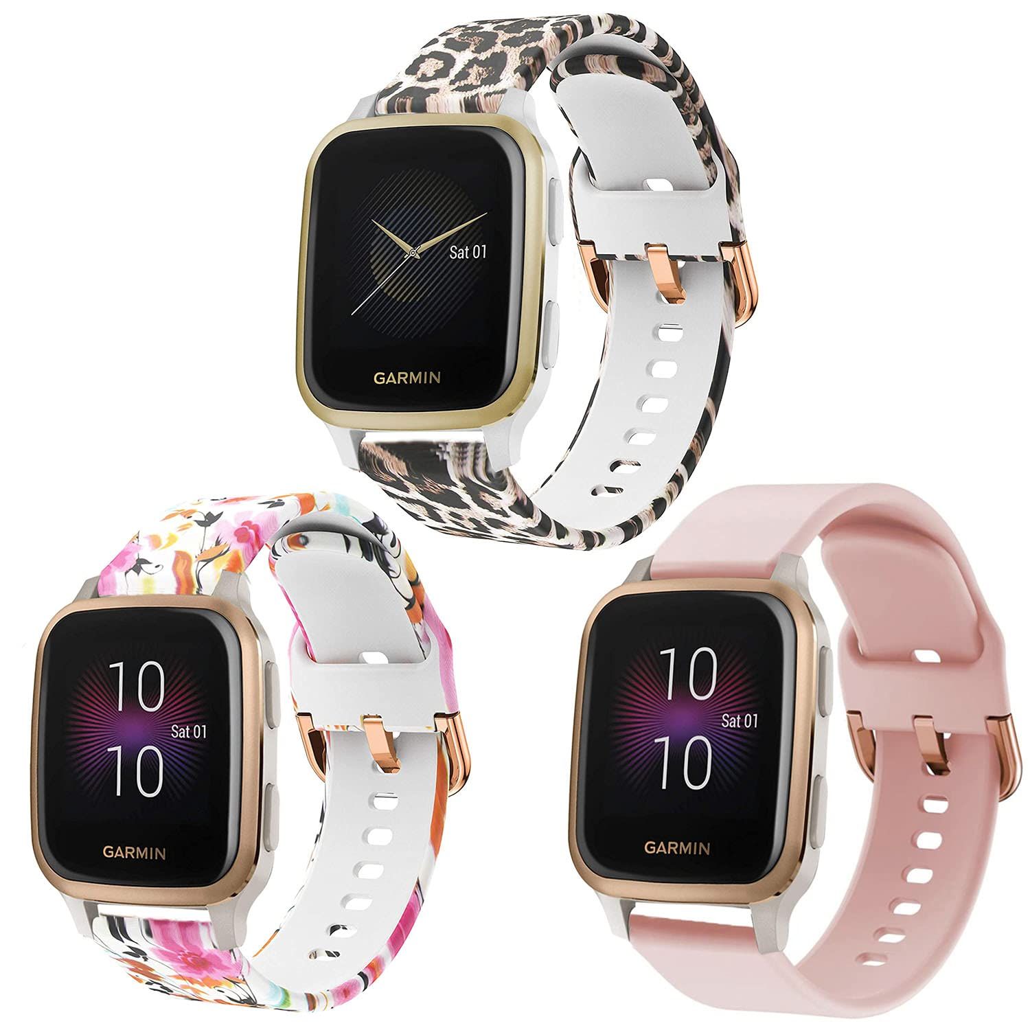 ViCRiOR バンド Garmin Venu/Venu SQスマートウォッチ対応 クイックリリース ソフトシリコン 色あせないパターン 花柄 交換用バンド Garmin Venu sq Music用 [3点パック (ヒョウ+花+ピンク)]