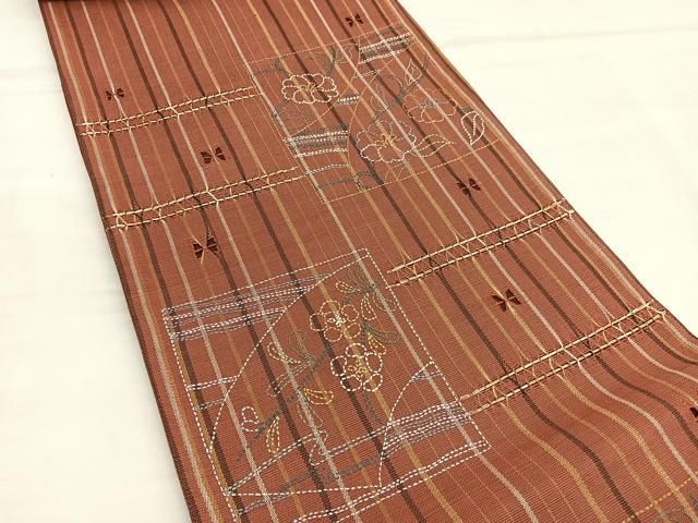 平和屋着物○太鼓柄袋帯 刺し子 リボン織 色紙花文 金糸 正絹 逸品