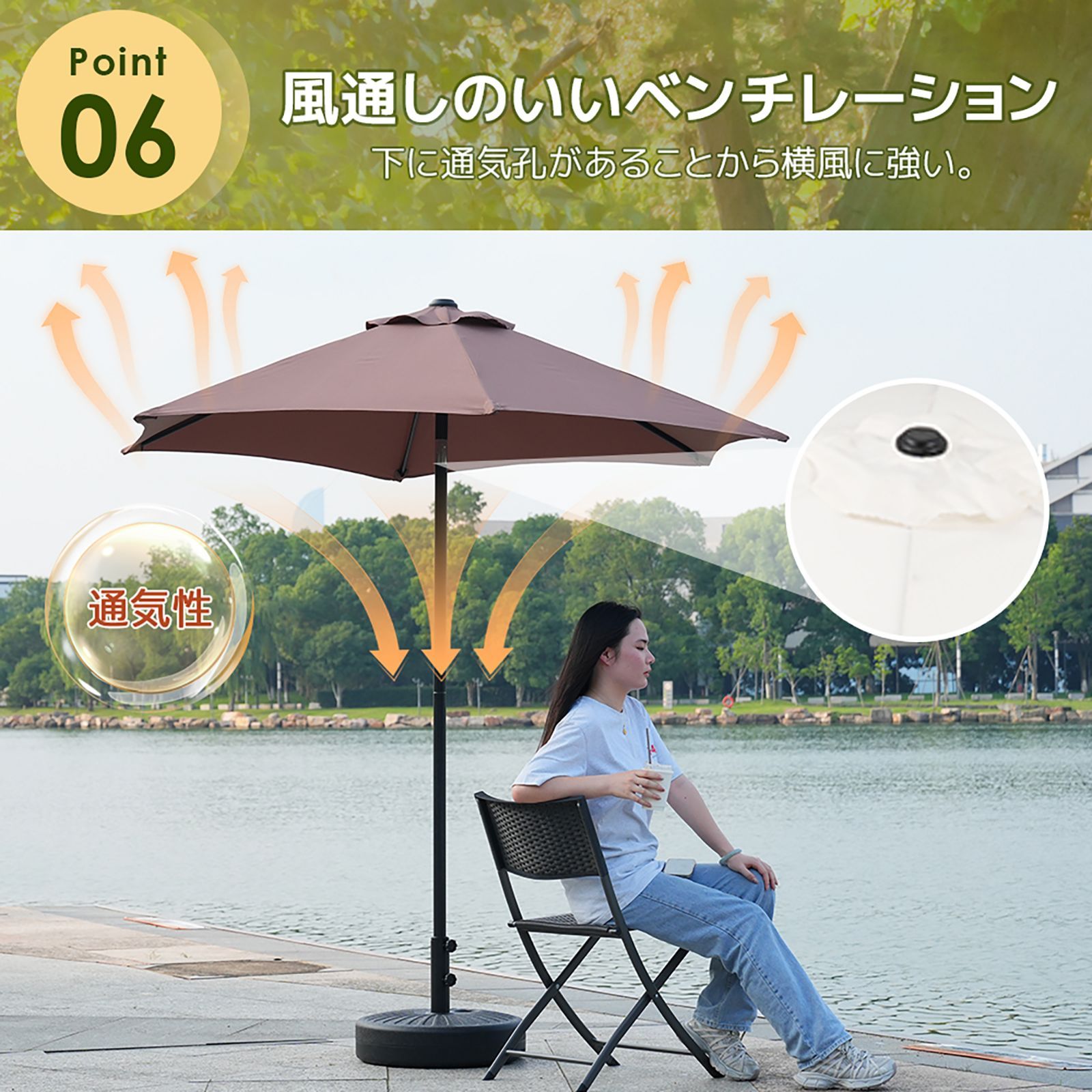 【新品】220cm 30+UPF パラソル ベース付きセット TYPEB ハンドル・フリル付き】パラソル単体 直径220cm 30+UPF