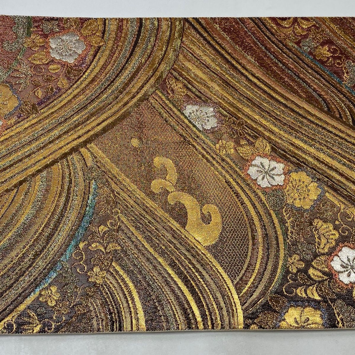 売約済み【秋のおしゃれ用に】★★新品未使用正絹全通袋帯★★ 袋帯 美品 秀品 振袖向き 花丸文 松竹梅 箔 金銀糸 薄緑 六