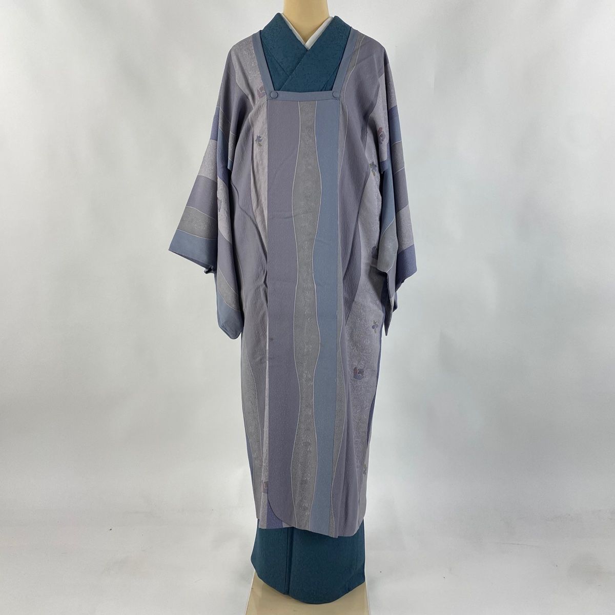 道行 身丈122cm 裄丈68.5cm L 和装コート 角衿 縞 地紋 灰紫 正絹