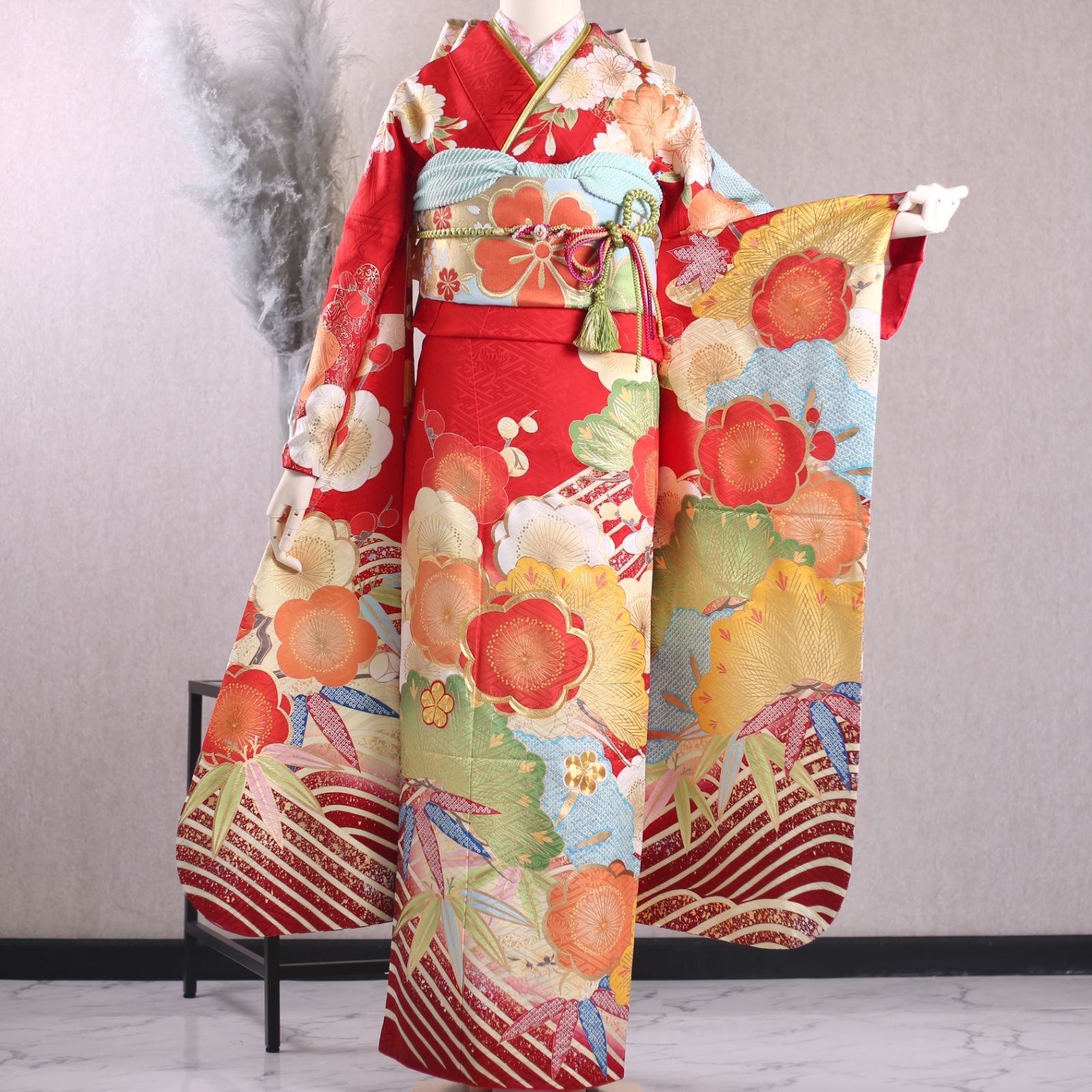 ○振袖フルセット 振袖セット 振袖 L～LLサイズ 中古 赤×レトロ 美品 