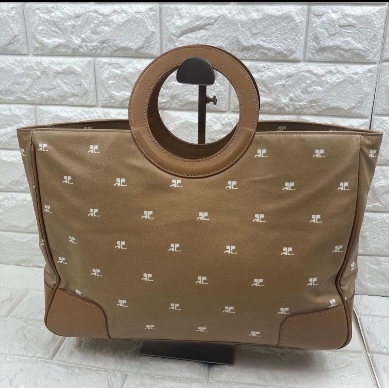 希少レア courreges クレージュ ハンドバッグ 総ロゴ ベージュ トート 