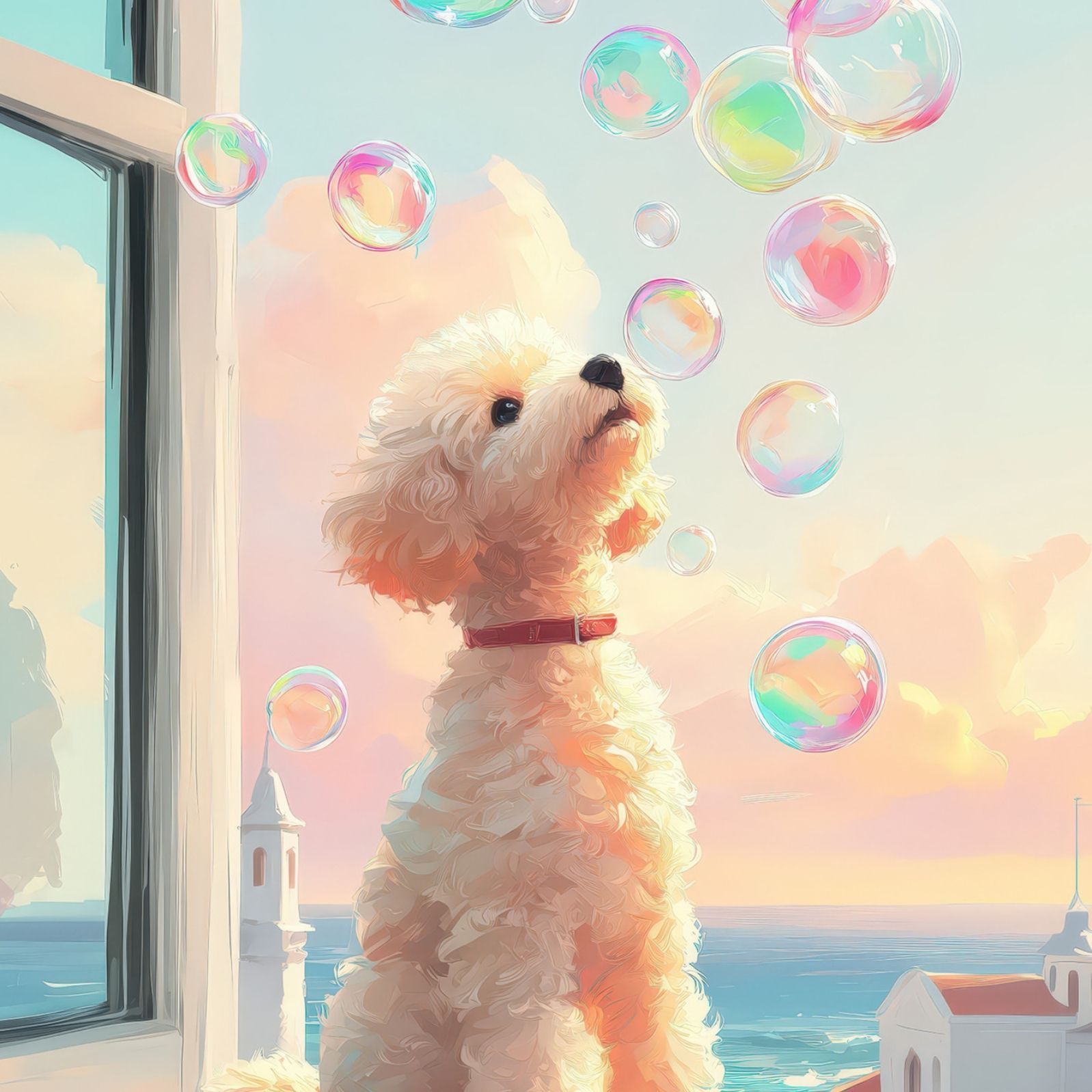 名入れOK 犬とシャボン玉 - トイプードル犬 No.2 アートポスター うちの子記念日 ペットロス 北欧 ナチュラル