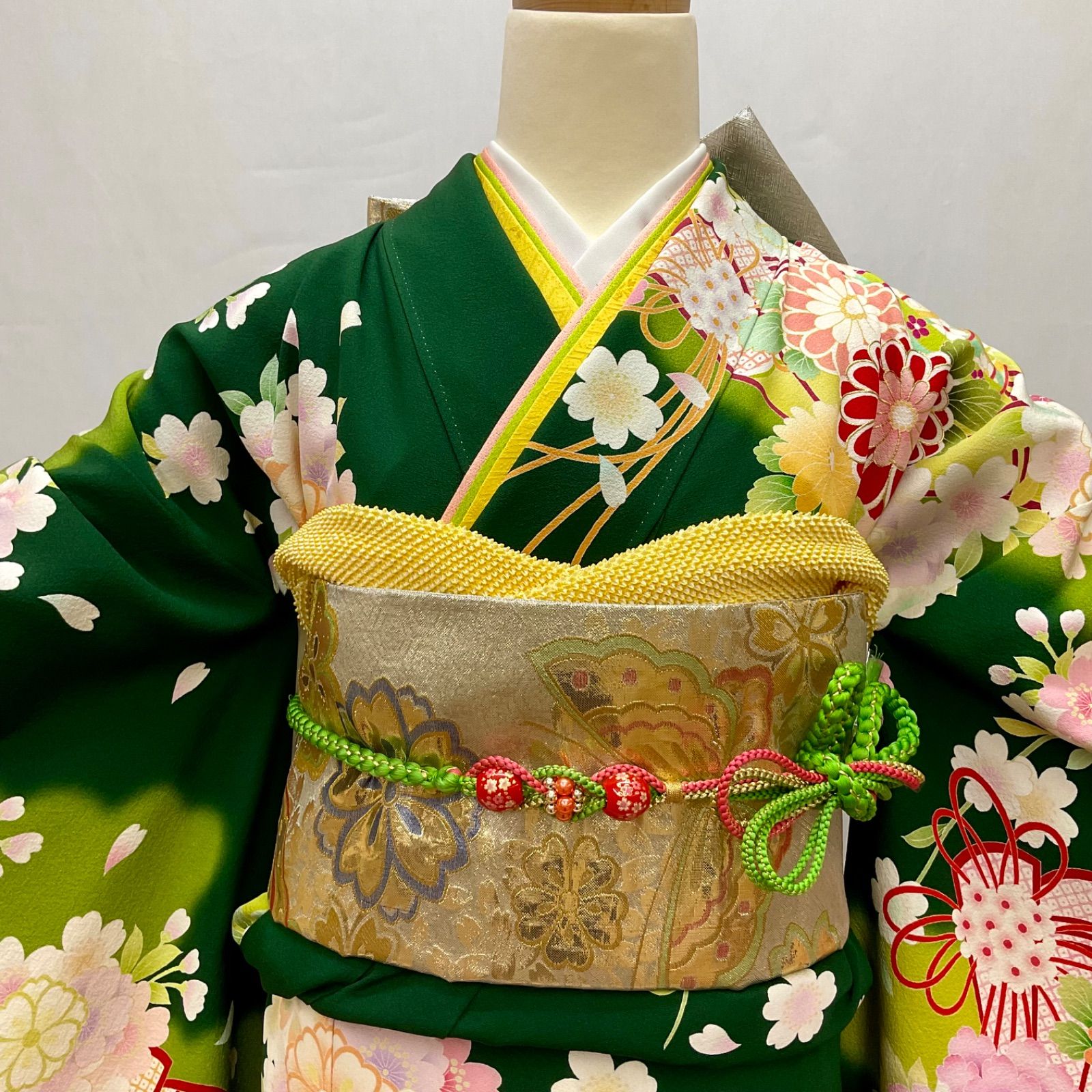 振袖 水色系 牡丹 菊 扇 正絹Ω