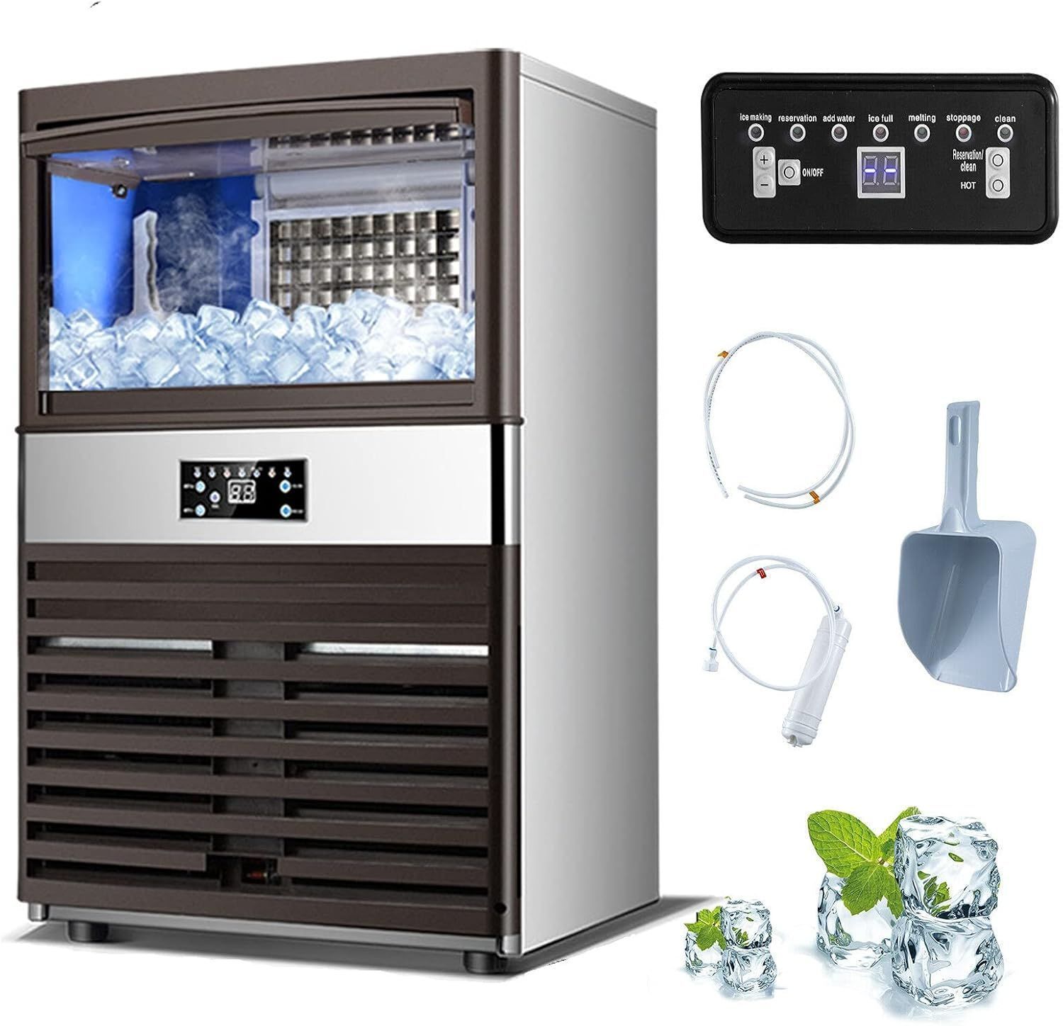業務用 自動製氷機 110V ビルトインステンレス製製氷機 家庭用商用新型静音デスクトップパイプラインなしの製氷機 60kg | 24H 15kgの貯蔵