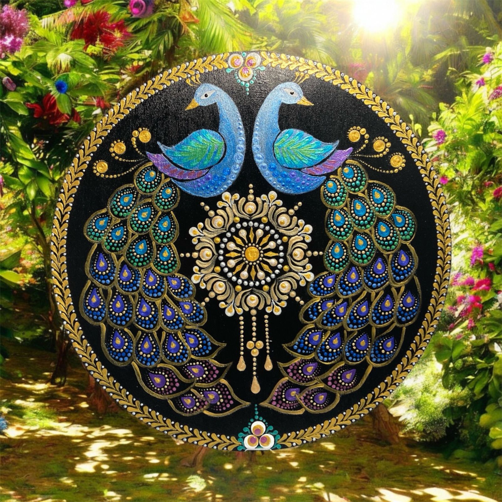インテリア　曼荼羅アート ドットアート『孔雀　良縁』木製パネル　直径30cm  開運アート　ヒーリングアート
