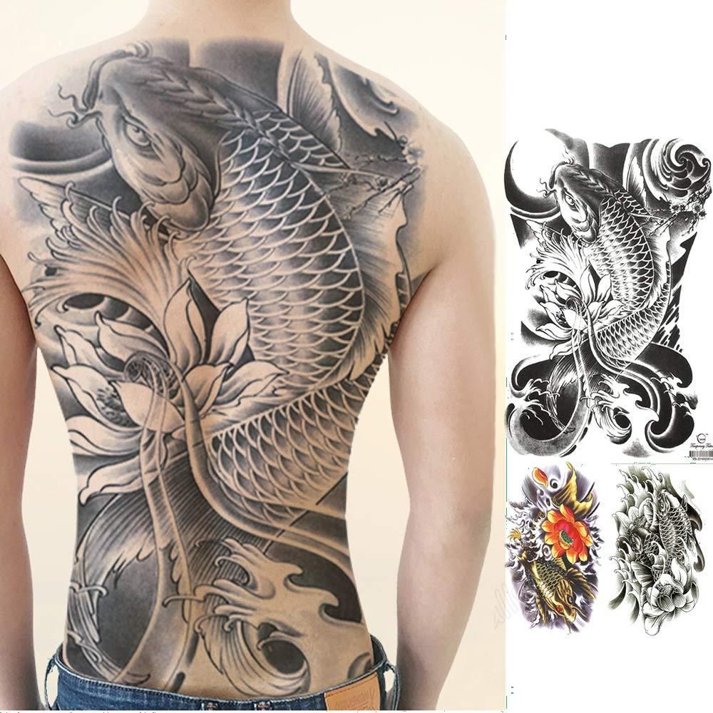 背中 (F. tattoo fish koi レディース メンズ ボディーシール 刺青シール 和彫り 長持ち 特大) 防水 大判 入れ墨シール ...