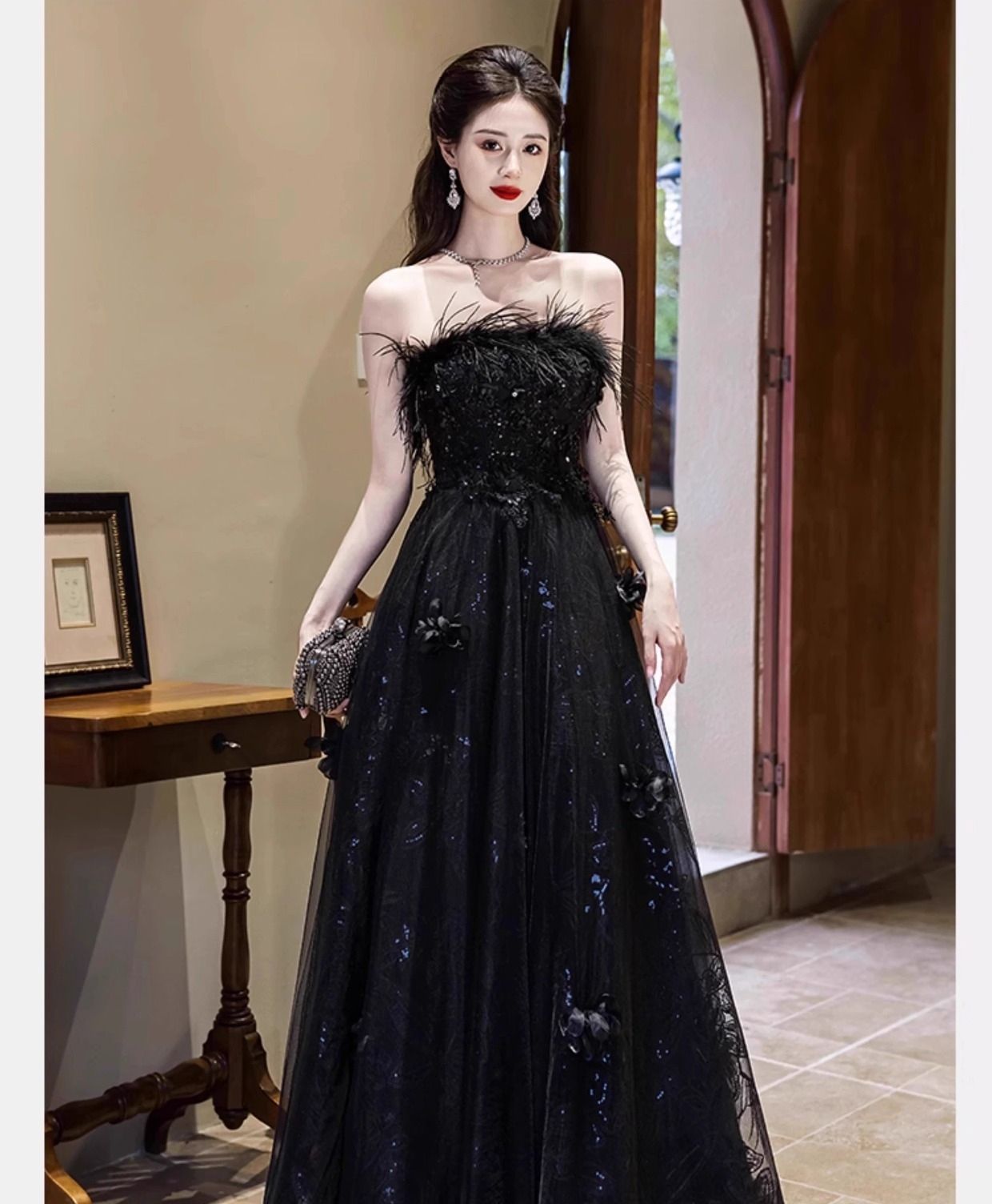 【値下げ交渉可】オフショルダー ロングドレス ブラック サテンオフショルダーロングドレスブラックXSサイズ(36