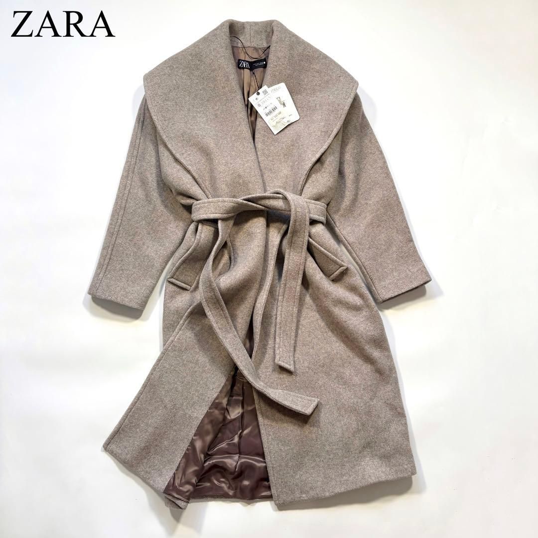 美品✨ZARA ロングコート ビッグカラー マンテコ ベルト マキシ丈 M〜L タグ付き】ZARA MANTECO ビッグカラー 工場 ベルト ロングコート ザラ