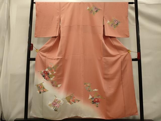 平和屋着物○訪問着 生紬地 更紗花蝶文 金彩 ロング丈