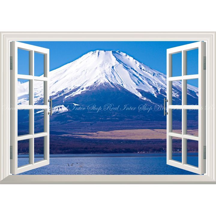 絵画風 壁紙ポスター (はがせるシール式) -窓の景色- 冠雪の富士山と山中湖 白富士 裏富士 富士山 ふじやま 【窓仕様／トリックアート】 キャラクロ FJS-050MA1 (A1版 830mm×585mm) ＜日本製＞ ウォ