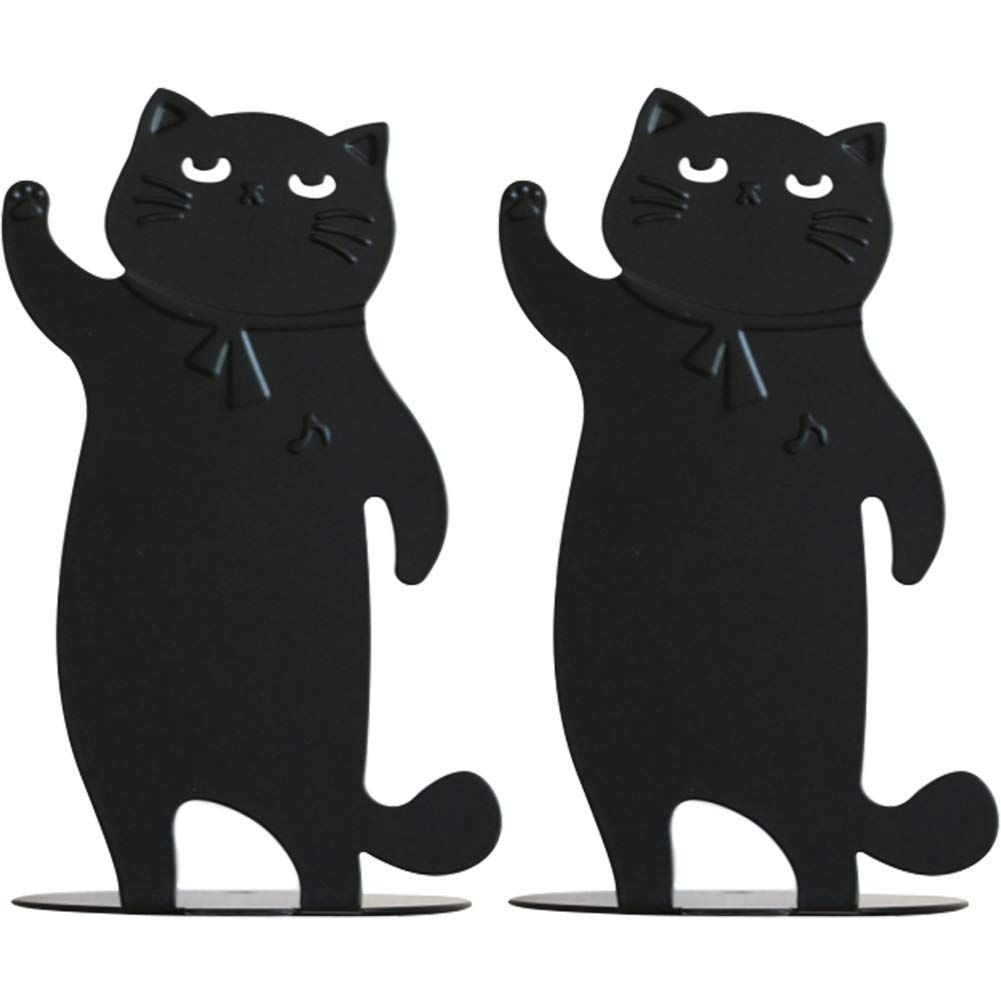 【在庫処分】ブックスタンド ブックエンド ブックストッパー 鉄製 仕切りスタンド 書類入れ かわいい猫 卓上収納 本棚 Umora 置物 2枚1組（黒い）