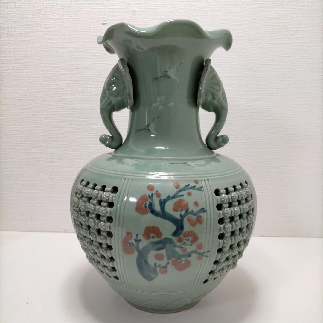 高麗青磁 壺 花瓶 花器 生花 立花 花器 像耳飾り 透かし彫り 250516-7Y 