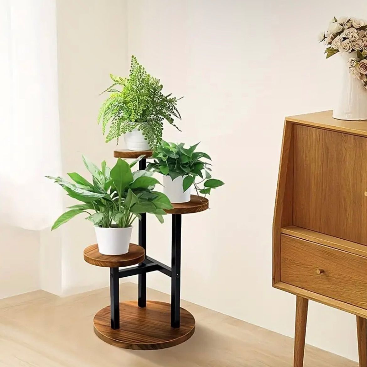 ガーデン フラワースタンド 植物スタンド 室内 屋外 金属 木製 ディスプレイラック リビングルーム ダイニングルーム バルコニー ベッドルーム 庭園 ユーティリティラック 多用途 多機能3段 シンプル シンプルデザイン お洒落 植物用棚 茶色 ブラウン