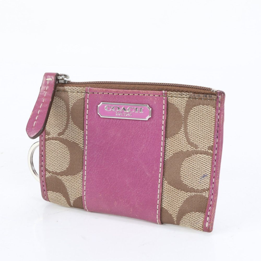 美品　コーチ　コインケース　バッグチャーム　シグネチャー　キャンバス　レザー COACH】コーチ コーティングキャンバス レザー シグネチャー
