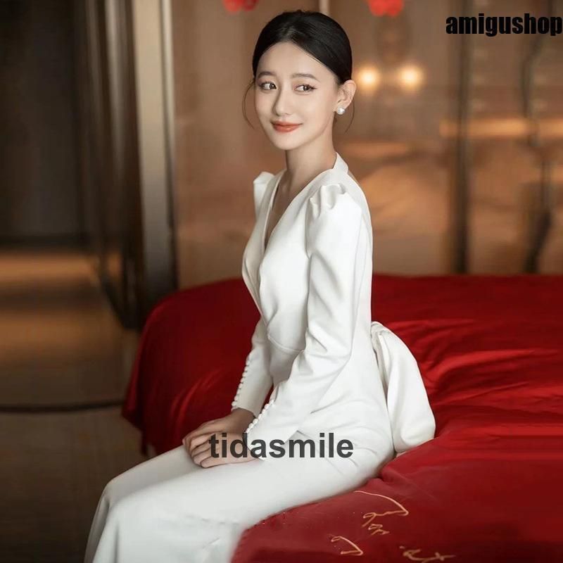 Vネック 長袖 袖あり ウェディングドレス ウエディングドレス ゆったり