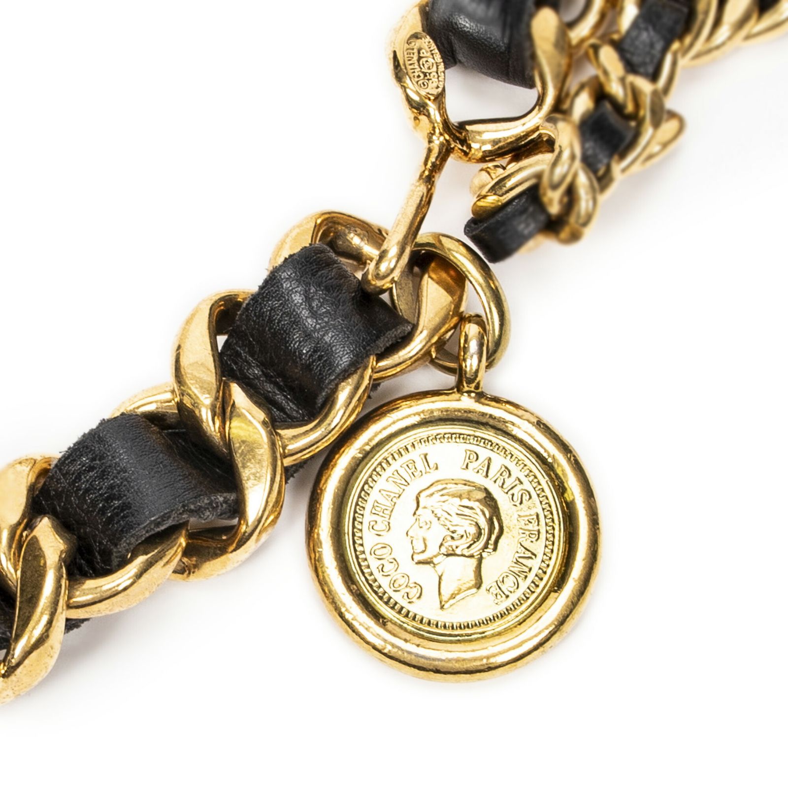 CHANEL シャネルココマーク メダリオン チェーンベルト金 黒ブラウンレザーのインターレースチェーンA