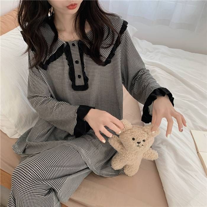 ルームウェア レディース 春 秋 おしゃれ かわいい 黒 長袖 トップス ルームパンツ 上下セット セットアップ 2点セット ゆったり 部屋着 パジャマ プルオーバー リラックスウェア 薄手 千鳥